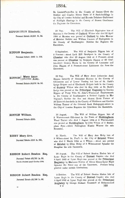 Rippington Elizabeth (nee Honour) 1884 Probate